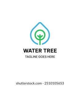 Plantilla de logo de árbol de agua en estilo de línea simple. Ilustración vectorial de naturaleza creativa