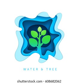 Water and tree. Nature concept. Paper art style vector illustration.