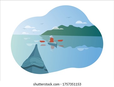 Water trip. Kayaking Tourism. Man with a paddle and  kayaking. Dawn in the mountains on the lake. Vector illustration.