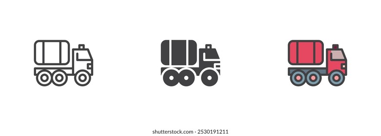 Water Truck different style icon set. Line, glyph and filled outline colorful version, outline and filled vector sign. Water carrier vehicle symbol, logo illustration. Vector graphics