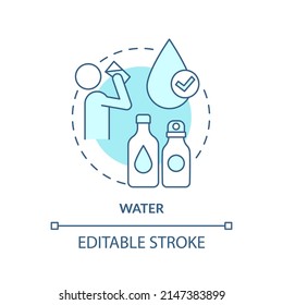 Icono del concepto de agua turquesa. Algo que guardar para sobrevivir. Ilustración de la línea delgada de la idea abstracta del saco de emergencia. Dibujo de contorno aislado. Trazo editable. Fuentes Arial, Myriad Pro-Bold utilizadas