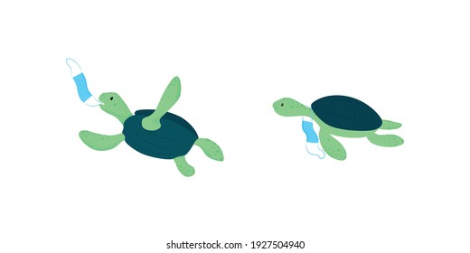 Water turtles flat color vector characters set. Ocean pollution after corona virus pandemia. Clearing environment from rubbish isolated cartoon illustration for web graphic design and animation pack