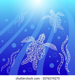 Water turtles swim up. Rays, bubbles, light. Drawing in ethnic aboriginal style. Blue background