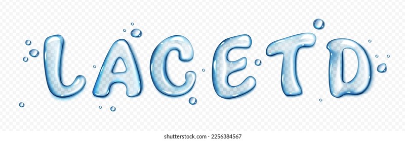 Water type font, liquid letters set. Pure aqua splashes in shape of text characters. Clear blue water or gel drops in shape of english letters isolated on transparent background, vector realistic set