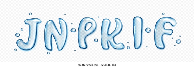 Water type font, liquid letters set. Pure aqua splashes in shape of text characters. Clear blue water or gel drops in shape of english letters isolated on transparent background, vector realistic set