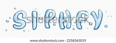 Water type font, liquid letters set. Pure aqua splashes in shape of text characters. Clear blue water or gel drops in shape of english letters isolated on transparent background, vector realistic set