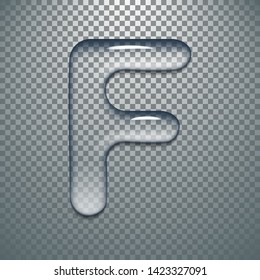 Water typeface with transparent pattern letter or sign F of a latin font. Vector lettering alphabet characters, drop-type distorted symbols with splash effect. Liquid still gel droplets.