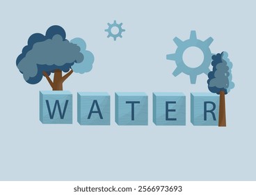 Water typography block letters in flat style. Environmental awareness. World water day. Blue wooden blocks. Water concept. Vector illustration.