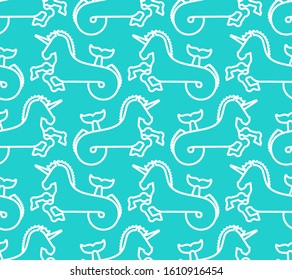Water unicorn Hippocampus pattern seamless. Mythical animal background . Heraldic beast texture. Sea horse with fishtail ornament
