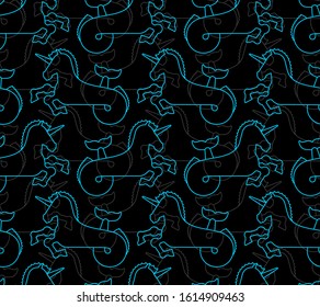 Water unicorn Hippocampus pattern seamless. Mythical animal background . Heraldic beast texture. Sea horse with fishtail ornament