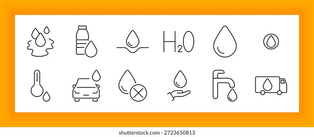 Icono de conjunto de uso de agua. Gotas, herramientas de temperatura, automóvil, mano, grifo, etiqueta H2O, camión de transporte y letreros de conservación delineados para ilustrar el consumo, la higiene y la entrega de líquidos.