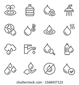 Water usage thin line contour icons set. Natural water circulation, consumption, environmental pollution linear symbols. Tap, shower with droplet, natural spring isolated vector outline illustration