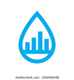 Water Use Consumption Icon. Blue Graph In Water Drop Symbol Isolated On White Background. Vector Illustration.