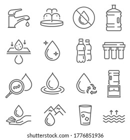 Water use, pollution, recycling thin line icons set isolated on white. Drop, drought, ecology outline pictogram collection, logo. Tap, fountain, reservoir, filter vector elements for infographic, web.