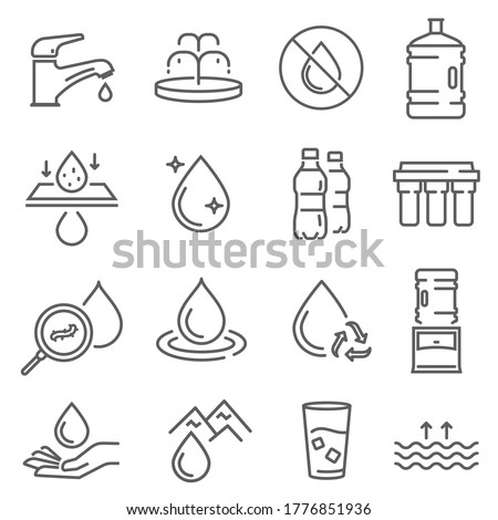 Water use, pollution, recycling thin line icons set isolated on white. Drop, drought, ecology outline pictogram collection, logo. Tap, fountain, reservoir, filter vector elements for infographic, web.