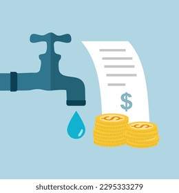 Water utility bill concept vector illustration. Water tap, stack of coins and invoice in flat design.