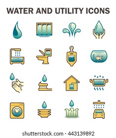 Water And Utility Such As Drop, Dam, Splash, Bathtub, Closet, Urinal, Fish Tank, Hand Wash, Brush Teeth, Tank, Cooking, Washing Machine, Dish Washing, Plant Watering And Car Washing Vector Icon Set.