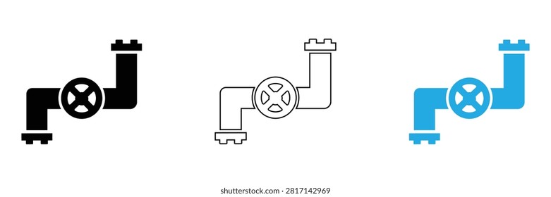Water Valve Icon Pack. Plumbing Pipe Valve Symbol. Industrial Shutoff Tap. Pipeline Control Equipment. Plumbing Engineering Hardware. Flat Vector UI Icon Set. Black Outline Orange Design.