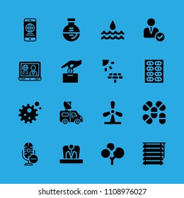 water, van, microphone, smartphone, flask, manager, plant, bacteria and blind vector icon. Simple icons set