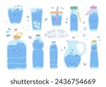 Water in various containers, set of vector illustration drawn in flat cartoon style isolated on white background. Drinking water in plastic or glass package, glasses, bottles and jugs.