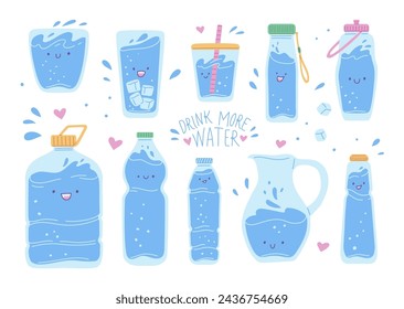 Water in various containers, set of vector illustration drawn in flat cartoon style isolated on white background. Drinking water in plastic or glass package, glasses, bottles and jugs.