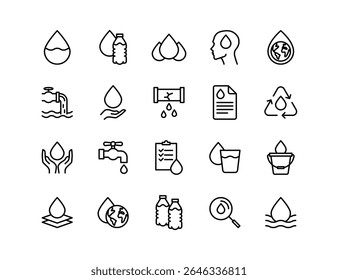 Water Vector Icon Set | Adjustable Line Weight | Tap, droplet, bottle, recycle, earth, leak, clean, drink, hygiene, plumbing, filtration, report, save icons