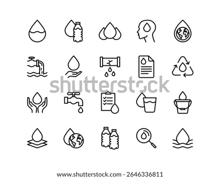 Water Vector Icon Set | Adjustable Line Weight | Tap, droplet, bottle, recycle, earth, leak, clean, drink, hygiene, plumbing, filtration, report, save icons