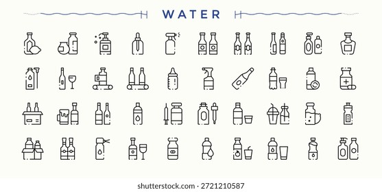 Conjunto de iconos de Vector de agua. Colección de iconos minimalistas. Contiene agricultura, jardín, bomba, campo, riego, riego. Trazo editable. colección de Vector. Colección de icono de bomba.