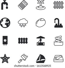 water vector icon set such as: forecast, invertebrate, label, battery, fountain, room, extinguish, collection, starfish, inflatable, half, leaf, exotic, winter, cloud, indicator, temp, wind, flame