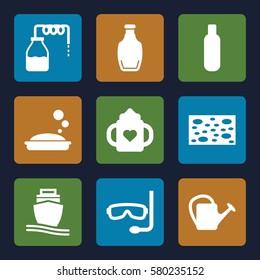 water vector icons. Set of 9 water filled icons such as canister, baby bottle, bottle, soap, sponge, watering can, cargo ship