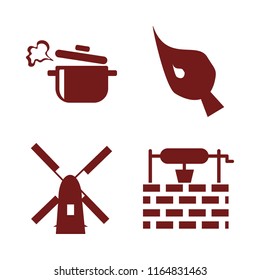 water vector icons set. with boiled pan, water well, brush and windmill in set