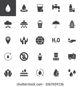 Water vector icons set, modern solid symbol collection, filled style pictogram pack. Signs, logo illustration. Set includes icons as rain drop, glass, faucet, bottle, cloud, shower, bucket, umbrella