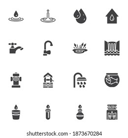 Wasservektorsymbole, moderne Sammlung von festen Symbolen, gefülltes Piktogramm-Paket. Zeichen, Logo-Illustration. Set enthält Symbole wie Wasserhahn, Tautropfen, Öltropfen, Wasserfall, Dusche, Prüfrohr