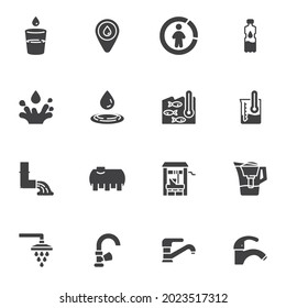 Wasservektorsymbole, moderne Sammlung von festen Symbolen, gefülltes Piktogramm-Paket. Zeichen, Logo-Illustration. Set enthält Symbole wie Wassersplash, Regenrop, Dusche, Tau-Tröpfchen, Wasserhahn, Flasche, Meer