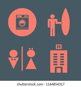 water vector icons set. with surfer with board, washer, hotel building and wc in set