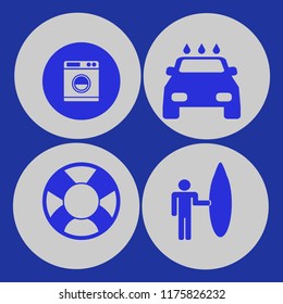 water vector icons set. with surfer with board, washer, lifebuoy and car wash in set