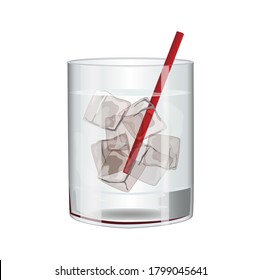 Water vector illustration with hand drawn ice cubes and straw in a glass. Beautiful cocktail drink for bar menu, posters, flyers, advertisement, recipe book. Vodka with ice design for cocktail menu