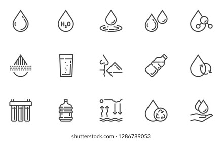 Water Vector Line Icons Set. Water Purification, Water Filter. Clean, Drinking, Purified, Bottled Water. Editable Stroke. 48x48 Pixel Perfect.