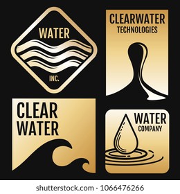 Water vector logos and labels set with aqua symbols on black background. Vector illustration
