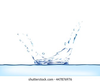 Water vector splash with drops, spray isolated, created with gradient mesh. Realistic blue aqua splash surface background. 3d illustration.