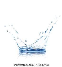 Water Vector Splash With Reflection. Blue Water Spray With Drops Isolated. 3d Illustration Vector. Aqua Surface Background Created With Gradient Mesh Tool.