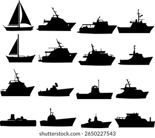 Water Vehicles Silhouettes Set 14 Marine Transport Vector Icons