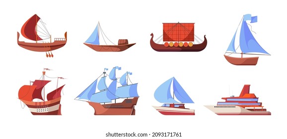 Water vessel evolution. Sea yacht naval ship cruise vessel history marine boats and warships garish vector flat colored illustrations