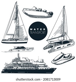 Water vessel transport design elements collection. Vector hand drawn sketch illustration. Vehicle design elements. Sail boats, cruise ship, yacht icons set