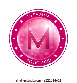 Water vitamin M drop label red purple. Sign icon logo and badge. Isolated on white background. For designing food or beauty products. Medical healthcare and Drug business marketing ads concept. Vector