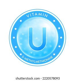 Water vitamin U drop label blue. Sign icon logo and badge. Isolated on white background. For designing food or beauty products. Medical healthcare and Drug business marketing ads concept. Vector.