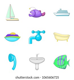 Water vocation icons set. Cartoon set of 9 water vocation vector icons for web isolated on white background