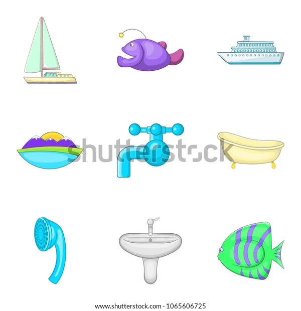 Water vocation icons\
set. Cartoon set of 9 water vocation vector icons for web isolated\
on white background