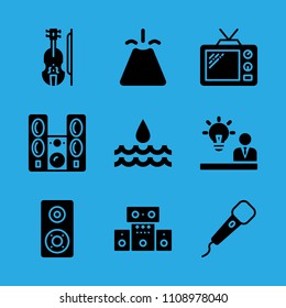 water, volcano, sound system, violin, microphone, speaker, sound system, idea and television vector icon. Simple icons set