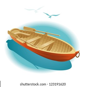 Water Walk On Boat. Illustration Of Wooden Boat For A Romantic Rendezvous On The Water.